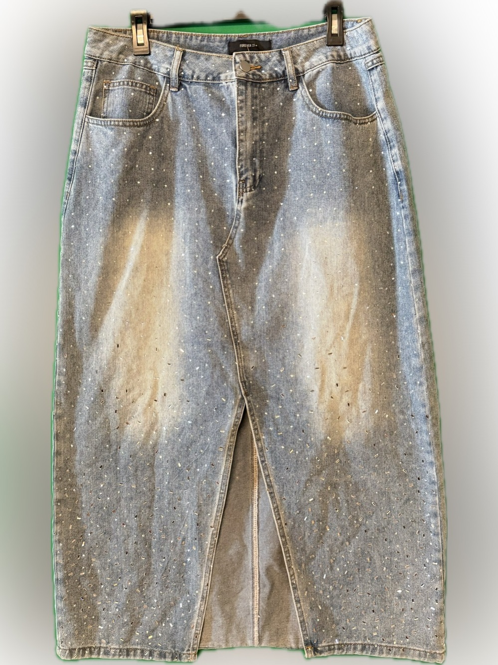 Forever 21 Light Blue Embellished Denim Skirt with Front Slit